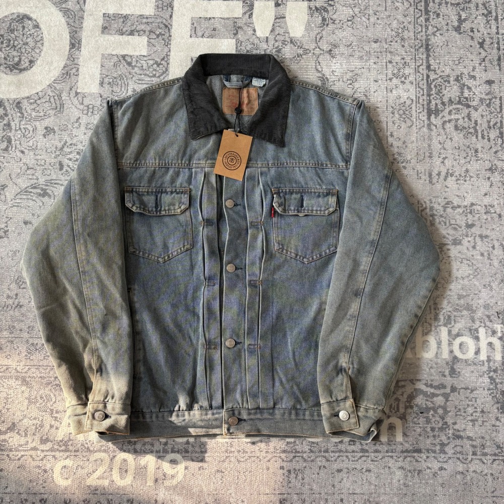 Stussy x Levi's Embossed Trucker Jacket Mens Large Washed Denim Corduroy NWT L